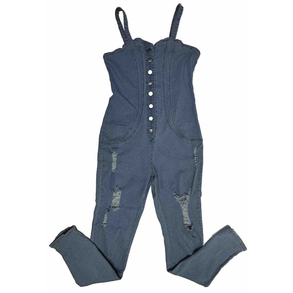 Chicme Sweat Heart Neck Sleeveless Jumpsuit Women's Medium‎ Distressed Blue EUC